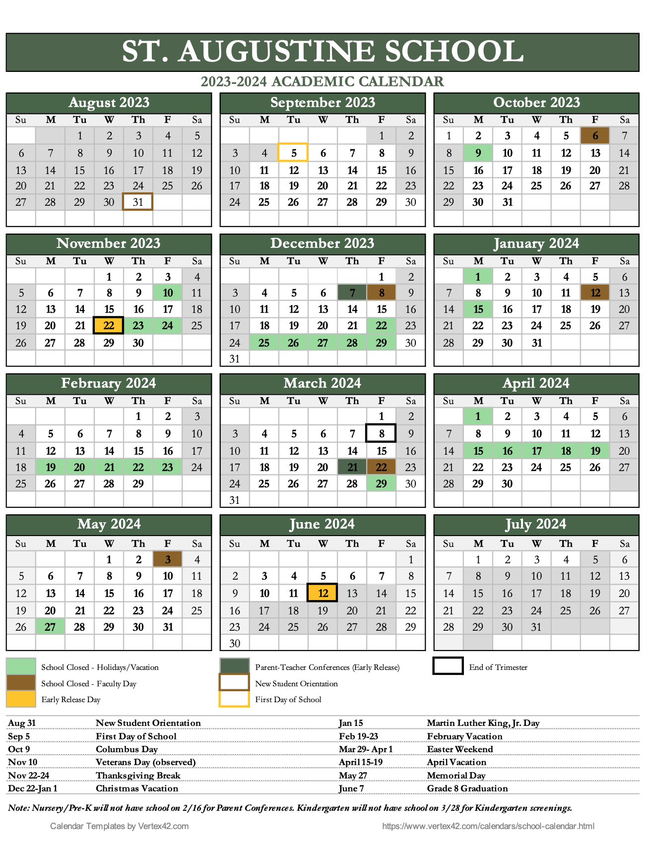Academic Calendar - St. Augustine School